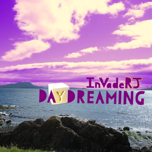 Daydreaming album art. A sapphire sea stretches to the horizon under a purple sky with yellow clouds. Text reads: InVadeRJ, Daydreaming.