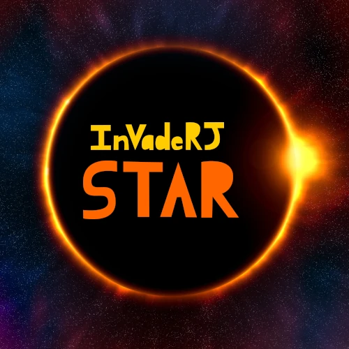 Star album art. A star shines brightly behind a dark moon, illuminating its edges. Faraway stars dot the empty space all around. Text reads: InVadeRJ, Star.